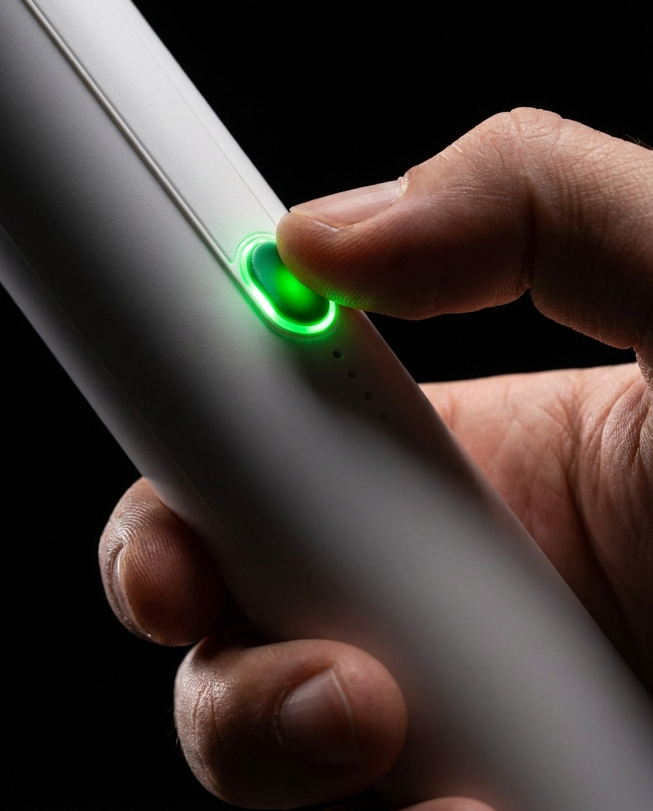 Close up of hand pressing the glowing green button on Triform vacuum sealer