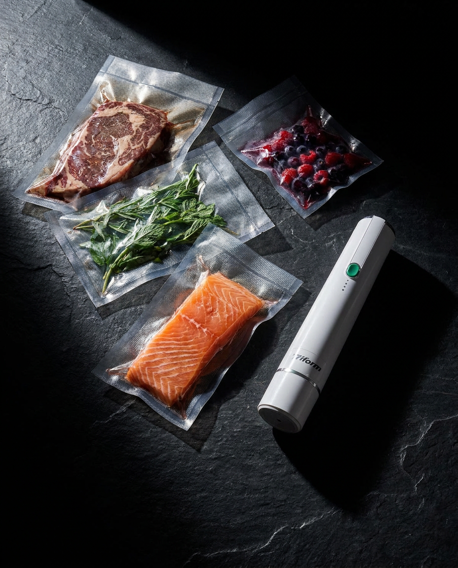 Sealed bags of food arranged on a dark slate countertop