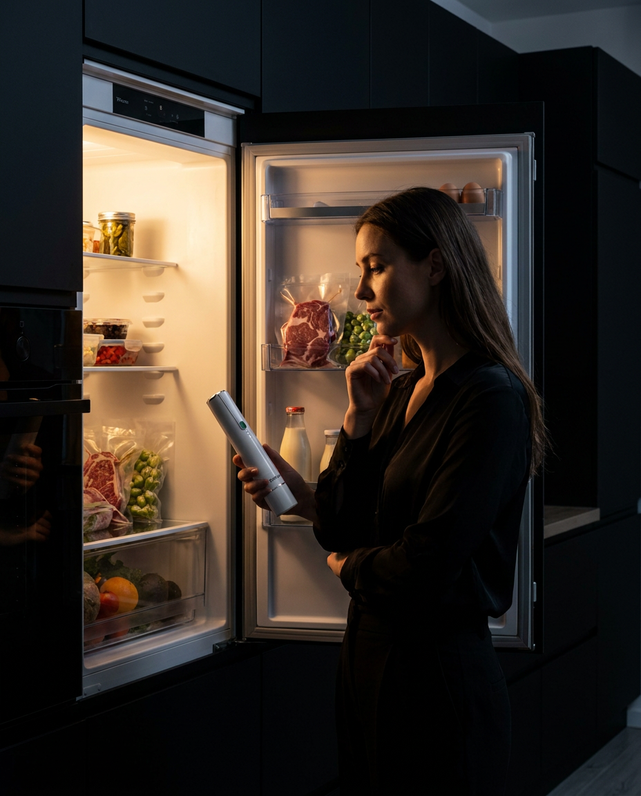 Woman looking into an open refrigerator at night