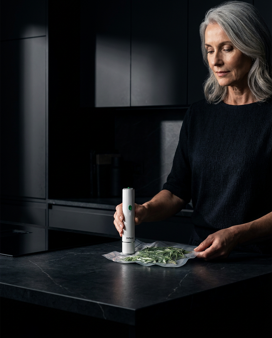 Woman using Triform vacuum sealer in a dark modern kitchen
