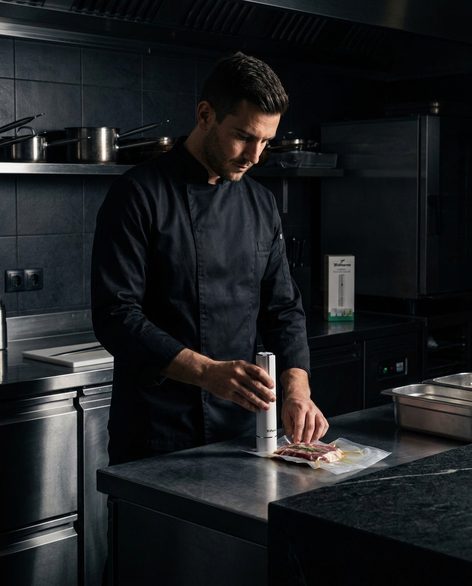 Professional chef using the Triform vacuum sealer in a restaurant kitchen