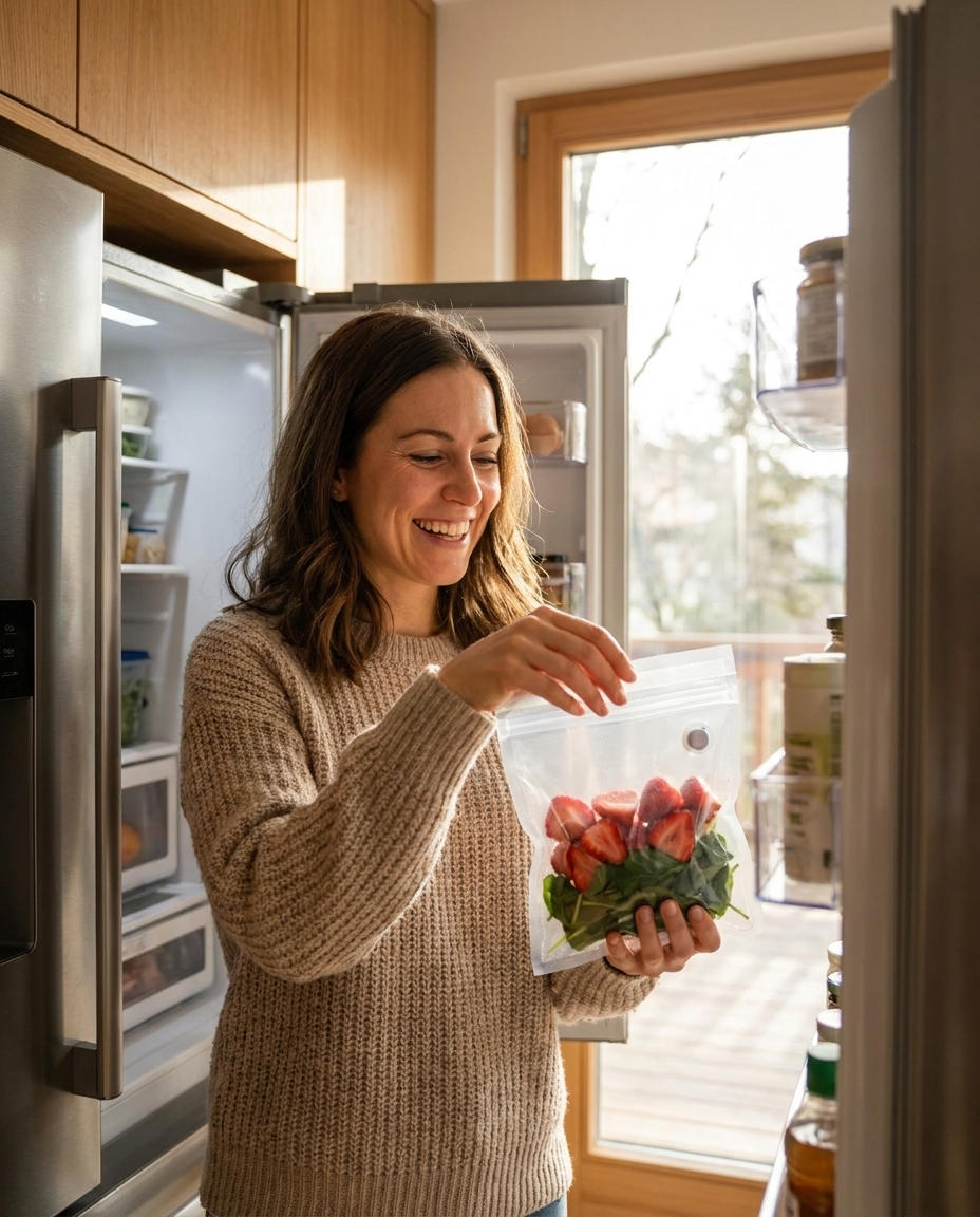 Home cook holding a clear Triform reusable vacuum-seal bag with strawberries, next to the open fridge
